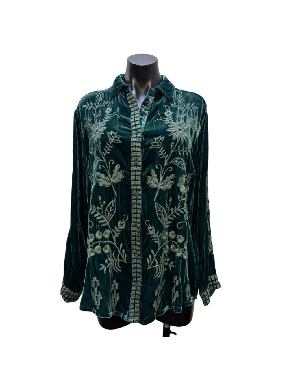 Johnny Was Teal Velvet Embroidered Button-Up Blouse Size M